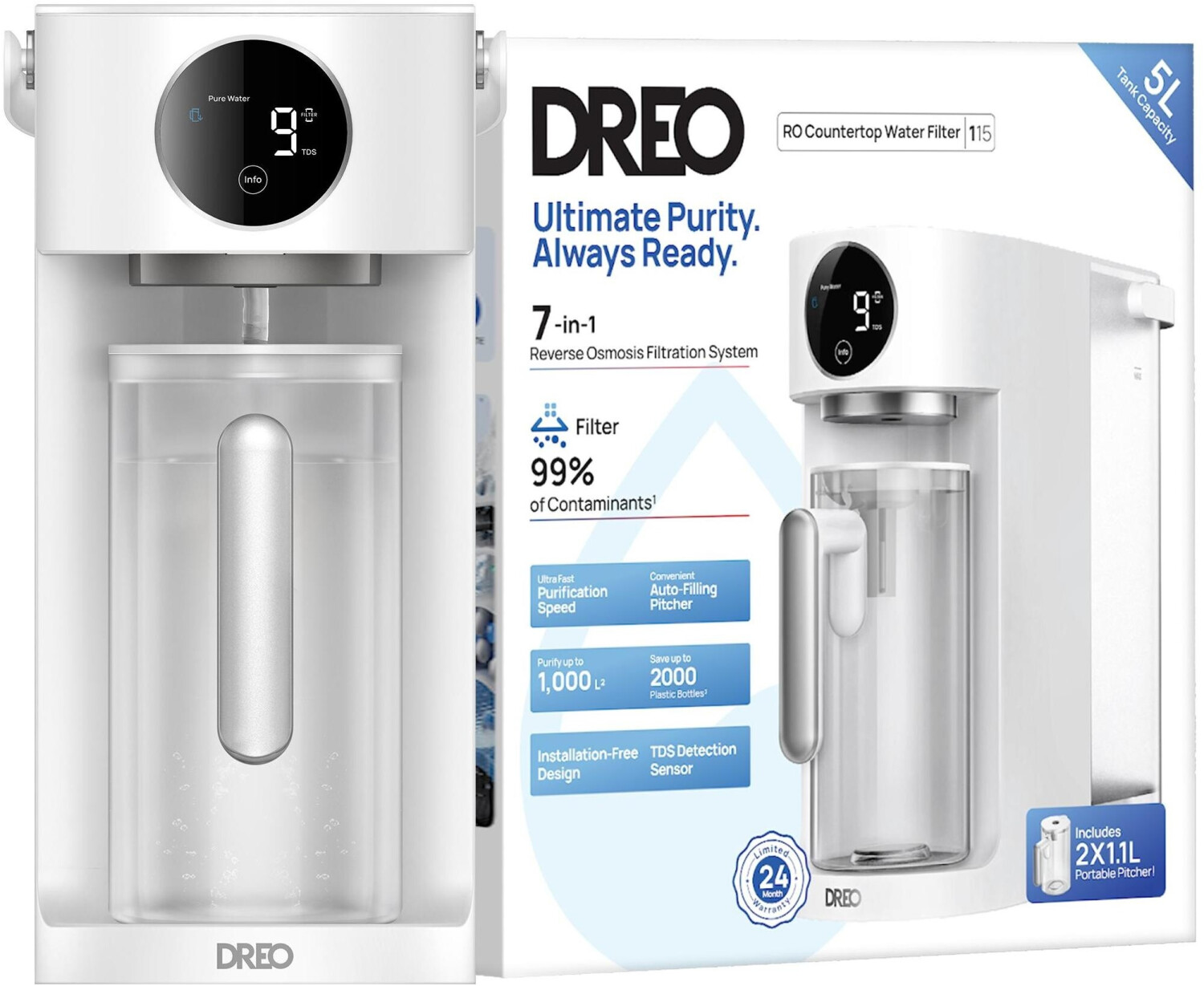 Dreo RO Wasserfilter 7-in-1 DR-KWF005 mit TDS-Display & Self-Cleaning, Aufstellgerät, 5 L