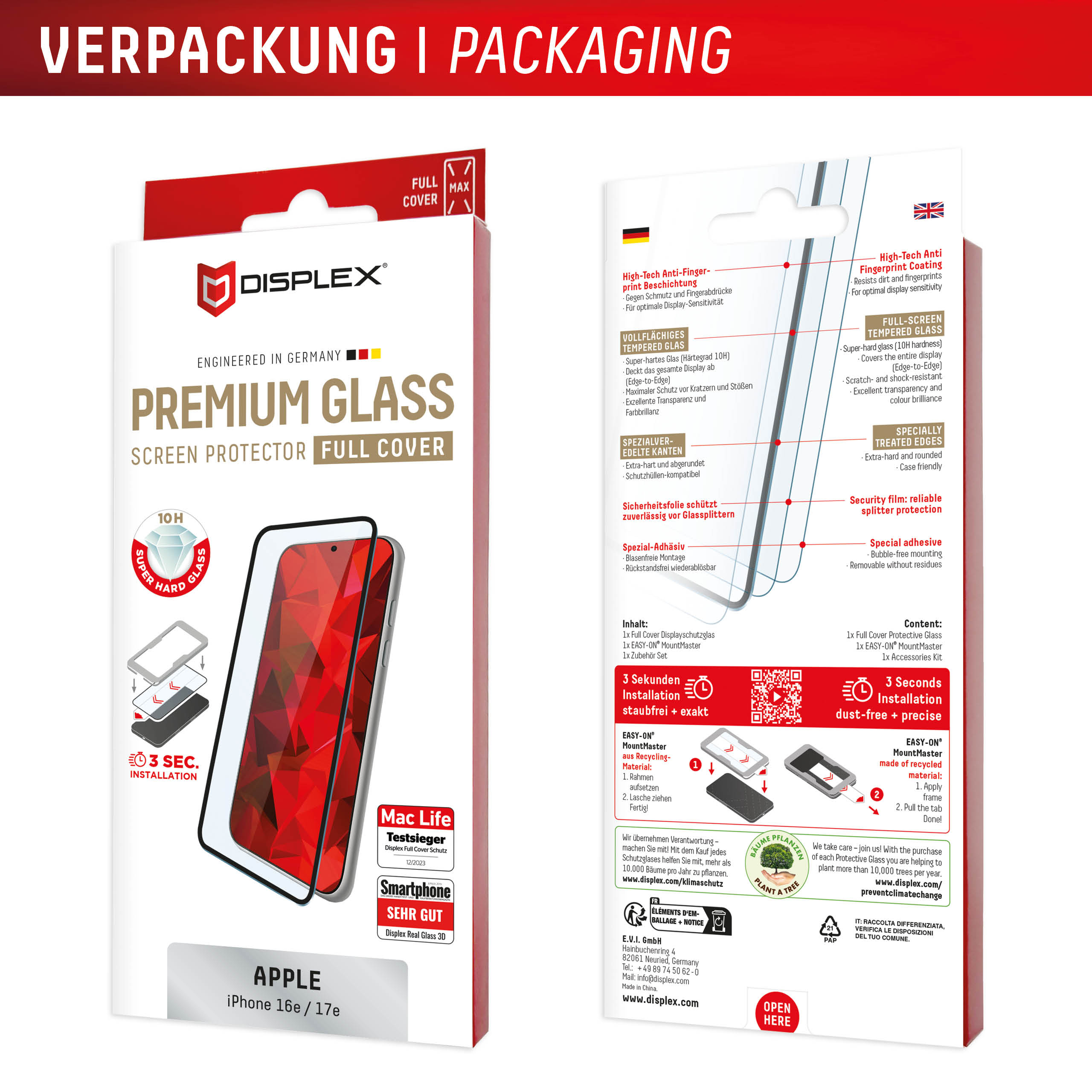 DISPLEX Premium Glass MountMaster Displayschutzglas gehärtetes Glas Full Cover für Apple iPhone 16e / 17e Transparent
