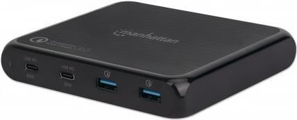 Manhattan Power Delivery-Ladestation 90 W - Ein USB-C Power Delivery-Port mit bis zu 60 W - ein USB-C Power Delivery-Port mit bis zu 30 W - zwei Quick Charge-USB-A-Ladeports jeweils bis zu 18 W - Standfuß schwarz (102247)