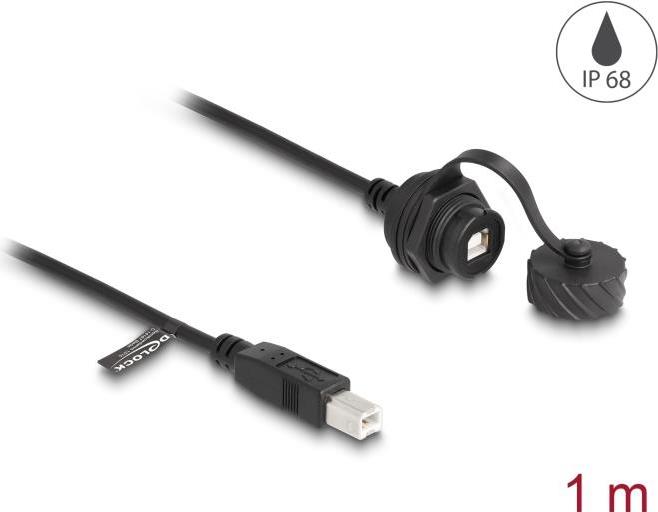 Delock Kabel USB 2.0 Typ-B Stecker zu USB 2.0 Typ-B Buchse zum Einbau mit  Bajonett-Verschlusskappe IP68 staub- und wasserdicht 1 m schwarz 88011
