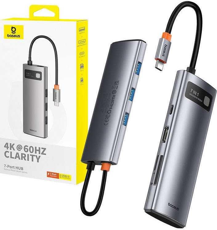 Hub 7in1 Baseus Gleam, USB-C und 1x HDMI4K 60Hz + 3x USB3.0 + 1x PD + 1x SD/TF (Pulka) (B00030708811-00)