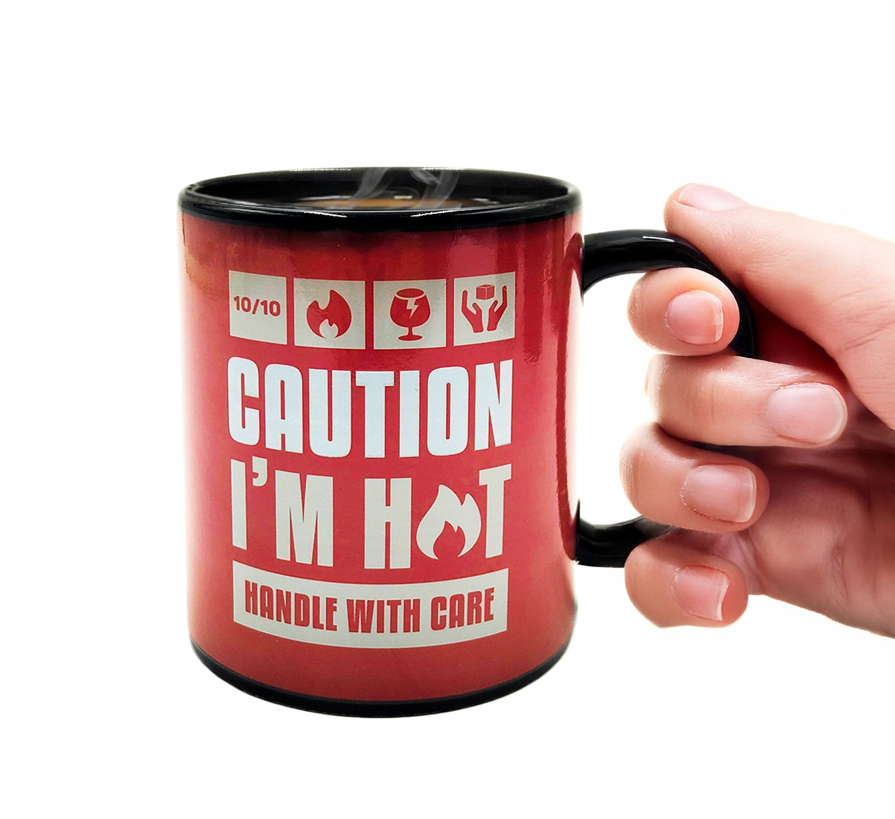 Mad Monkey Tasse "Caution I am Hot" mit Farbwechsel 0,3 l Schwarz, Rot
