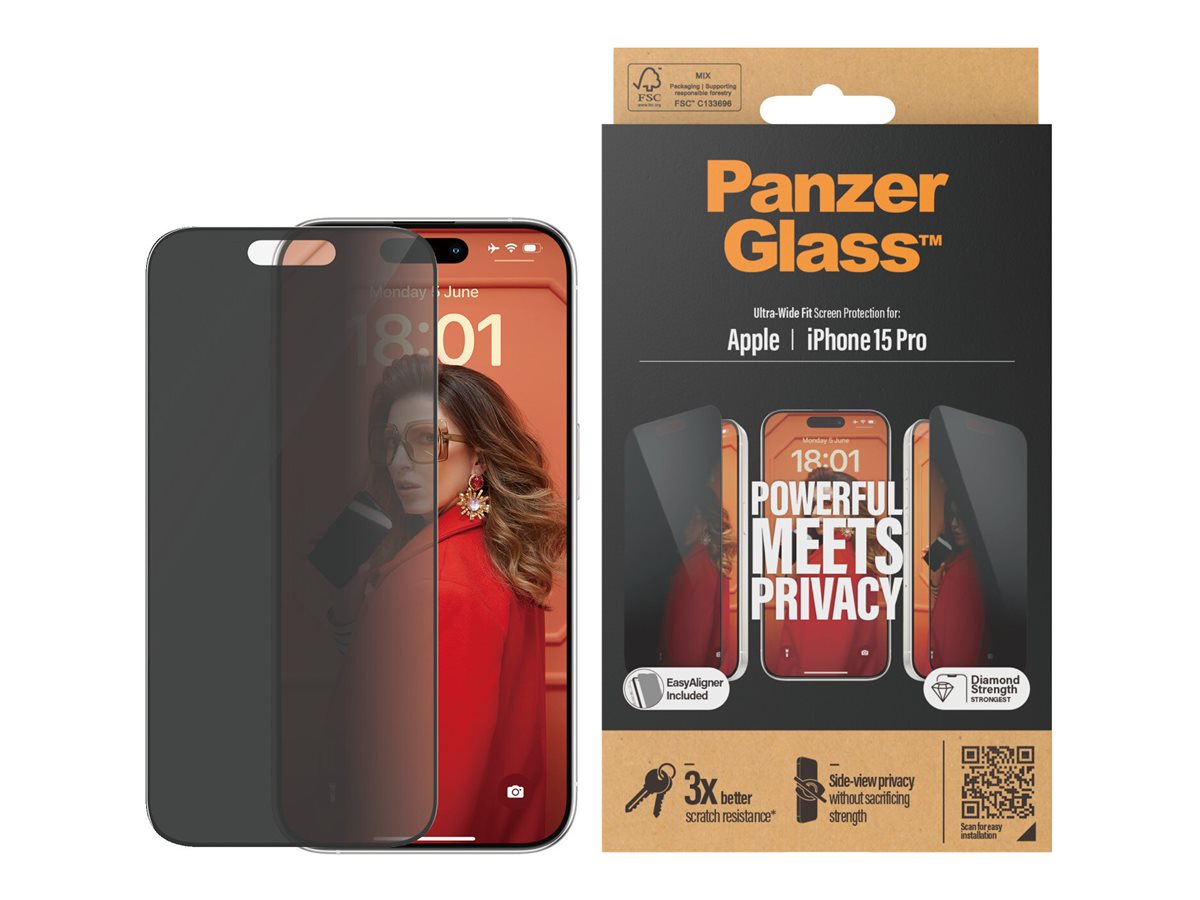PanzerGlass Privacy Displayschutz iPhone 15 Pro 6,1" Ultra-Wide Fit mit EasyAligner Schwarz, Transparent