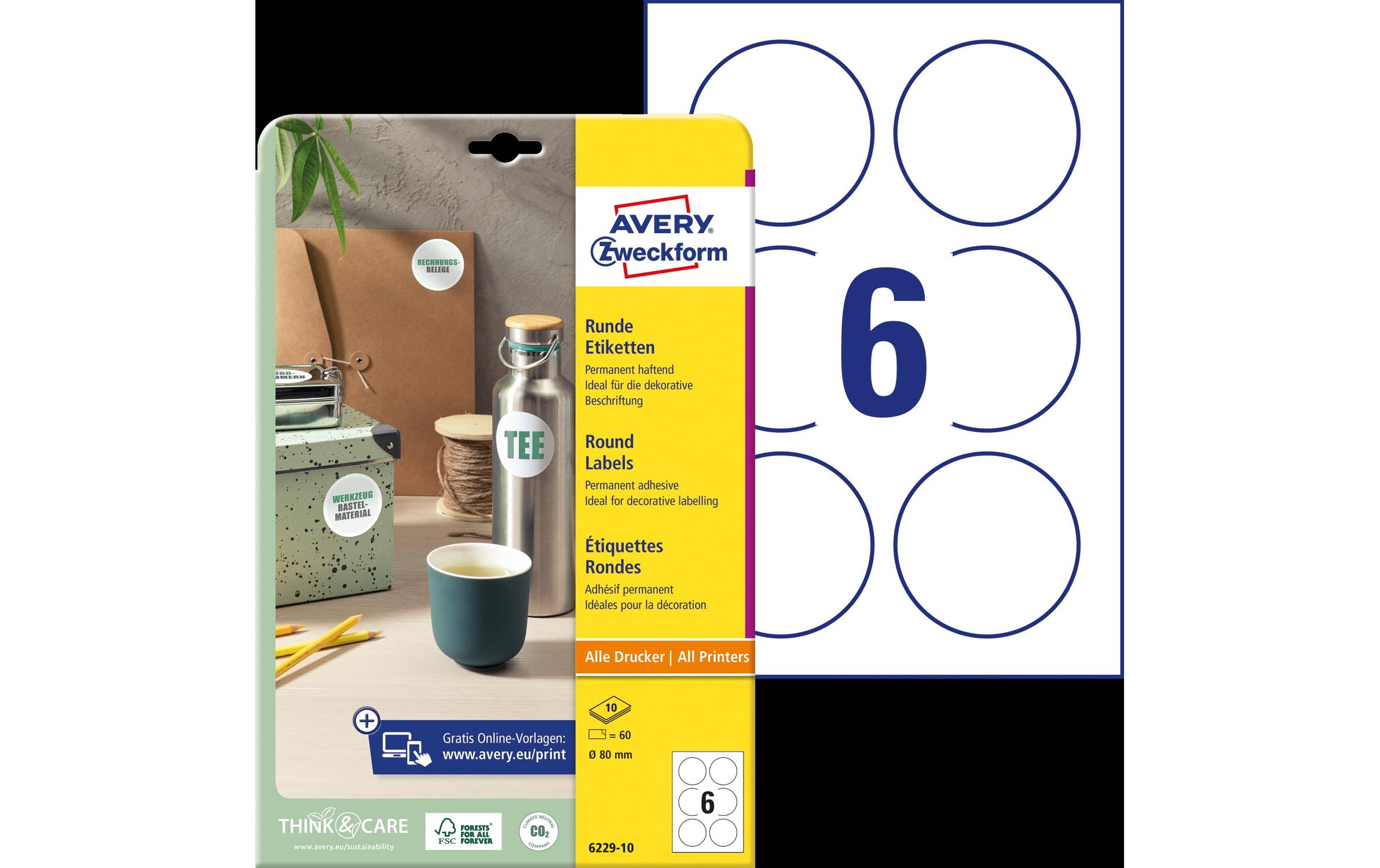 Avery Zweckform 6229-10 Etiketten Ø 80 mm Rund Permanent 60 Stück Weiß