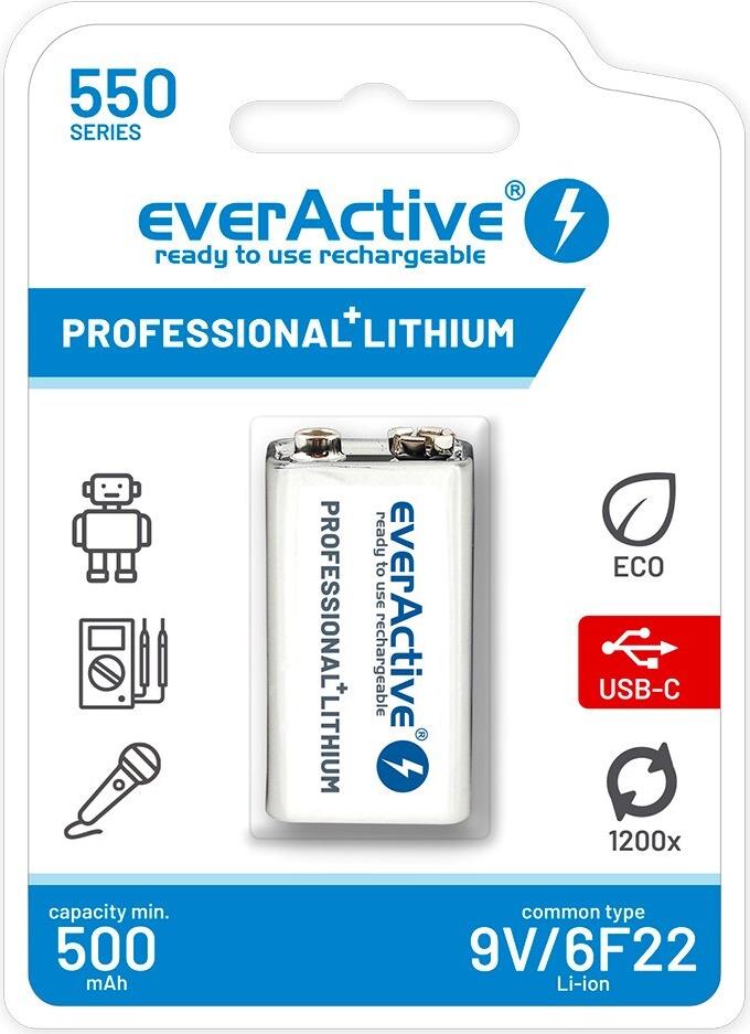 Wiederaufladbare Batterie everActive 6F22/9V Li-Ion 550 mAh mit USB TYPE C (EVHR22-550C)