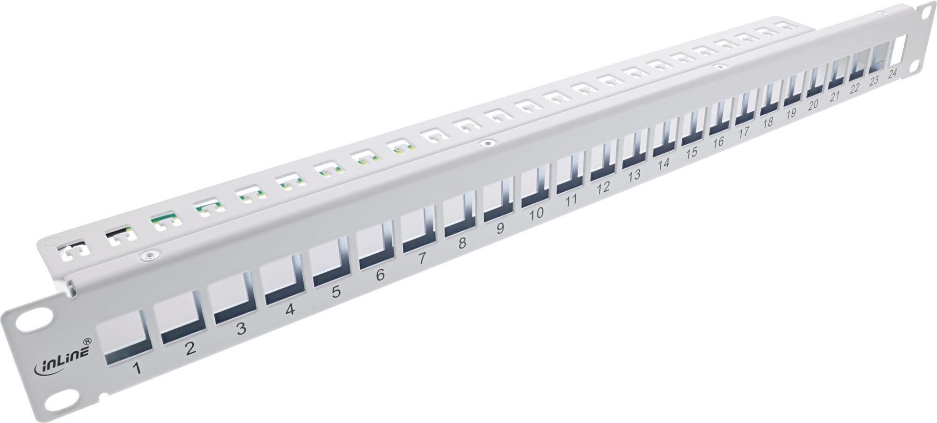 InLine® Patchfeld 24-fach, Keystone Snap-In Leerblech Patchpanel, 48,26cm (19"), 1HE, lichtgrau RAL7035 (76824G)