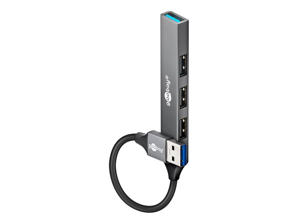 goobay Slim 4-Port USB-Hub, USB-A auf USB-A, USB 3.2, Aluminiumgehäuse, Hellgrau
