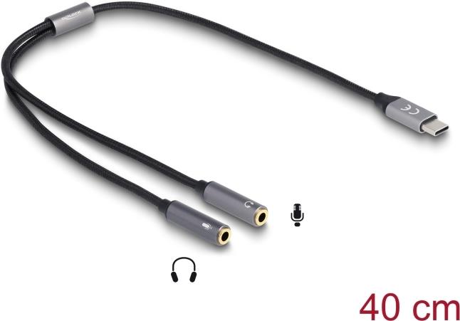Delock Headset Adapter USB Type-C™ Stecker DAC 24 Bit / 96 kHz Hi-Res zu 2 x 3,5 mm 3 Pin Klinkenbuchse (66616)