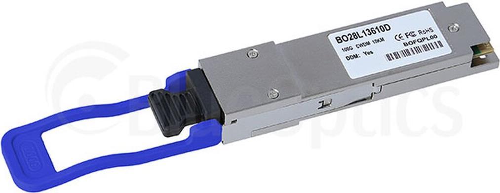 BlueOptics 100G-QSFP28-LR4-10KM-EN. SFP Transceiver-Typ: Faseroptik, Maximale Datenübertragungsrate: 100000 Mbit/s, Schnittstelle: QSFP28. Produktfarbe: Silber. Gewicht: 40 g. Anzahl enthaltener Produkte: 1 Stück(e), Paketgewicht: 50 g (100G-QSFP28-LR4-10KM-EN-BO)