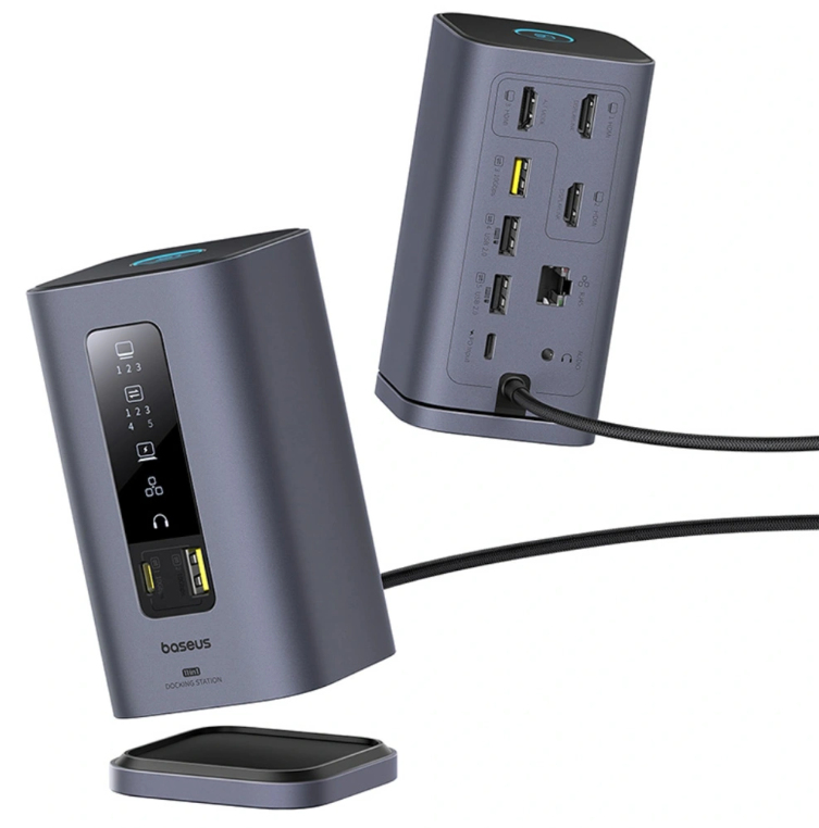 Baseus Docking Station 15 en 1, 160W, USB C HUB, HDMI 4K 120Hz, USB3.2, RJ45, SD, TF, Carga Rápida Tipo C PD 100W, Cargador Inalámbrico Qi2.2 25W