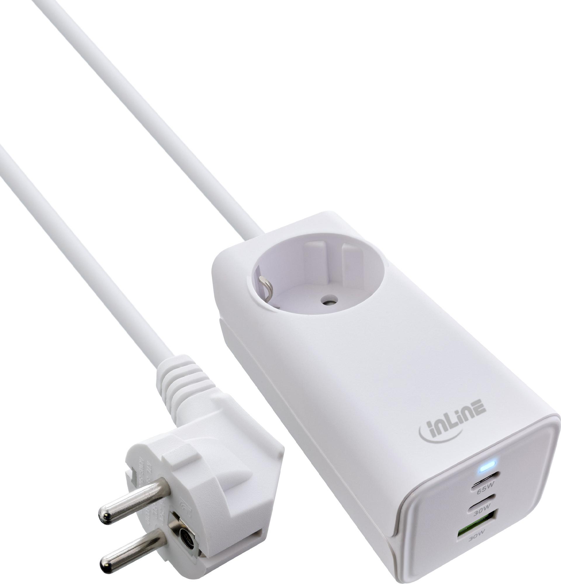 InLine GaN Ladegerät 65W 2x USB-C 1x USB-A mit Schutzkontaktbuchse Weiß