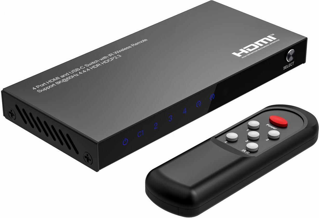 MicroConnect 8Ka60Hz USB-C and HDMI Switch 4x1 HDCP 2.3 w/Remote - USB Typ C (MC-USBCHDMISWITCH0401-8K)