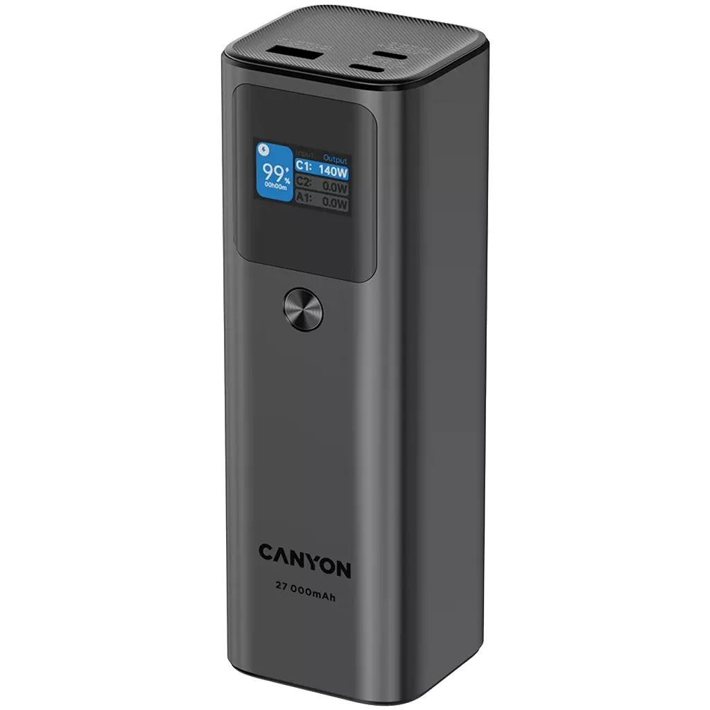 Canyon PB-2010 Powerbank 27000 mAh 97,2 Wh 140 W Power Delivery 3.1 Quick Charge 3.0 TFT-Display Dunkles Grau