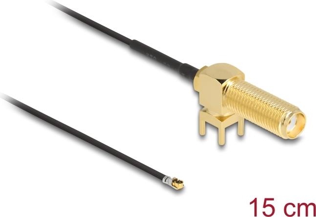 Delock Antennenkabel SMA 90° PCB Buchse zum Einbau zu I-PEX Inc., MHF® 4L Stecker 1.13 15 cm Gewindelänge 15 mm (12031)