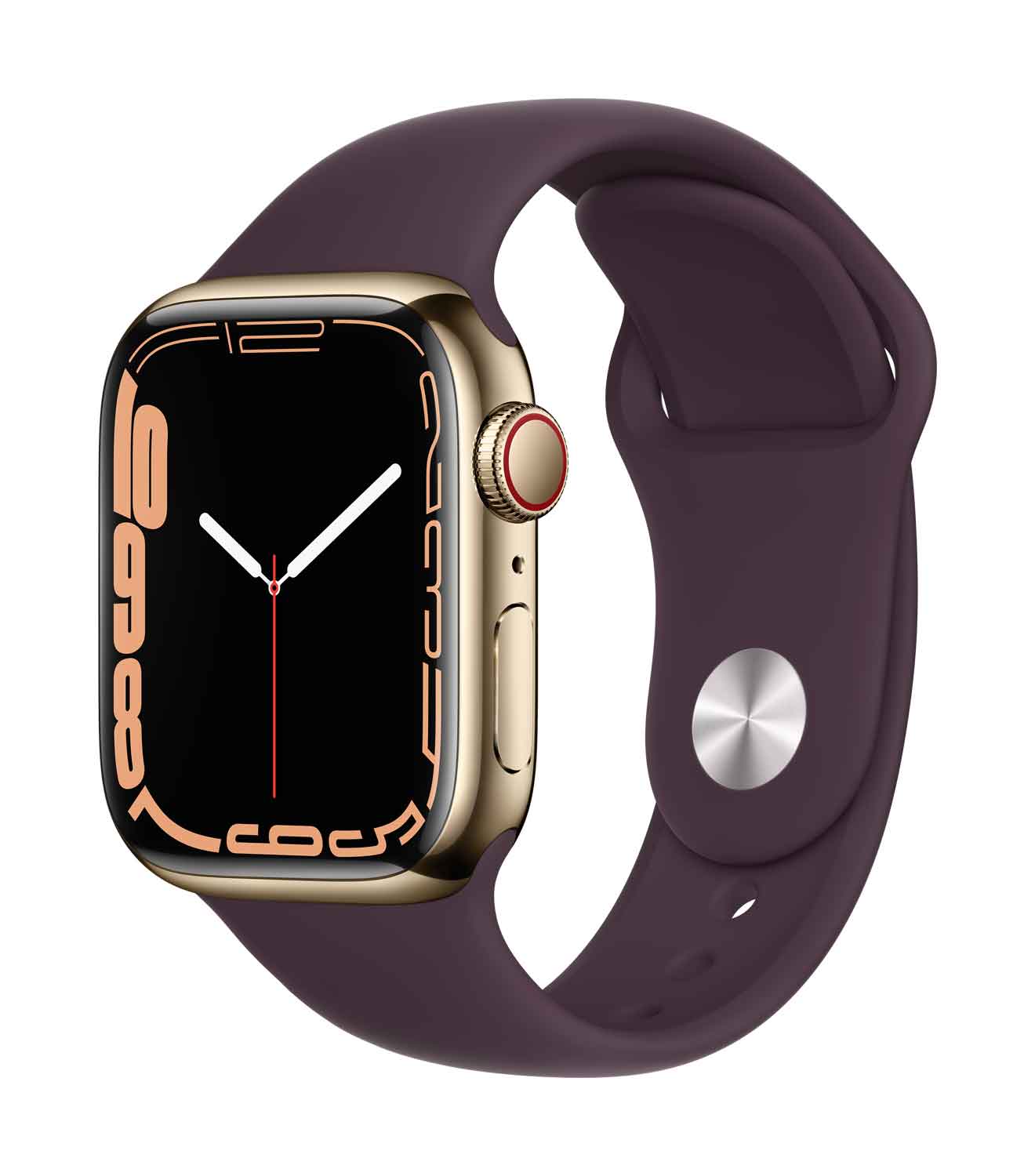 Apple Watch S7 Edelstahl 41mm Cellular Gold Sportarmband dunkelkirsch 41mm Edelstahlgehäuse Gold, Sportarmband dunkelkirsch. Armband 150-200 mm Umfang. (MKHY3FD/A)
