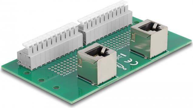 Delock RJ50 2 x Buchse zu 2 x Terminalblock mit Drucktaster für Hutschiene gewinkelt (67015)