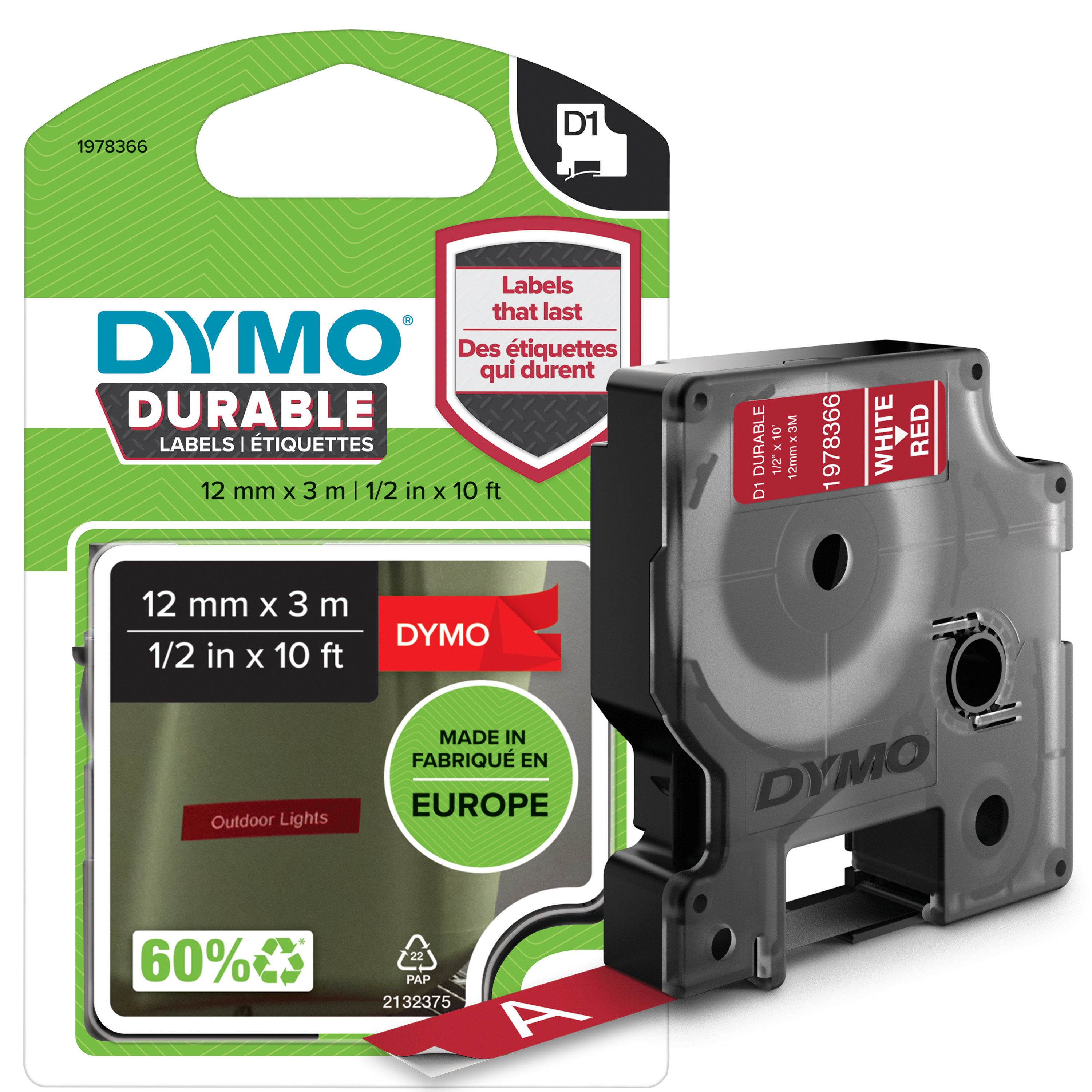 DYMO D1 Etikettenband 12 mm x 3 m, Weiß auf Rot