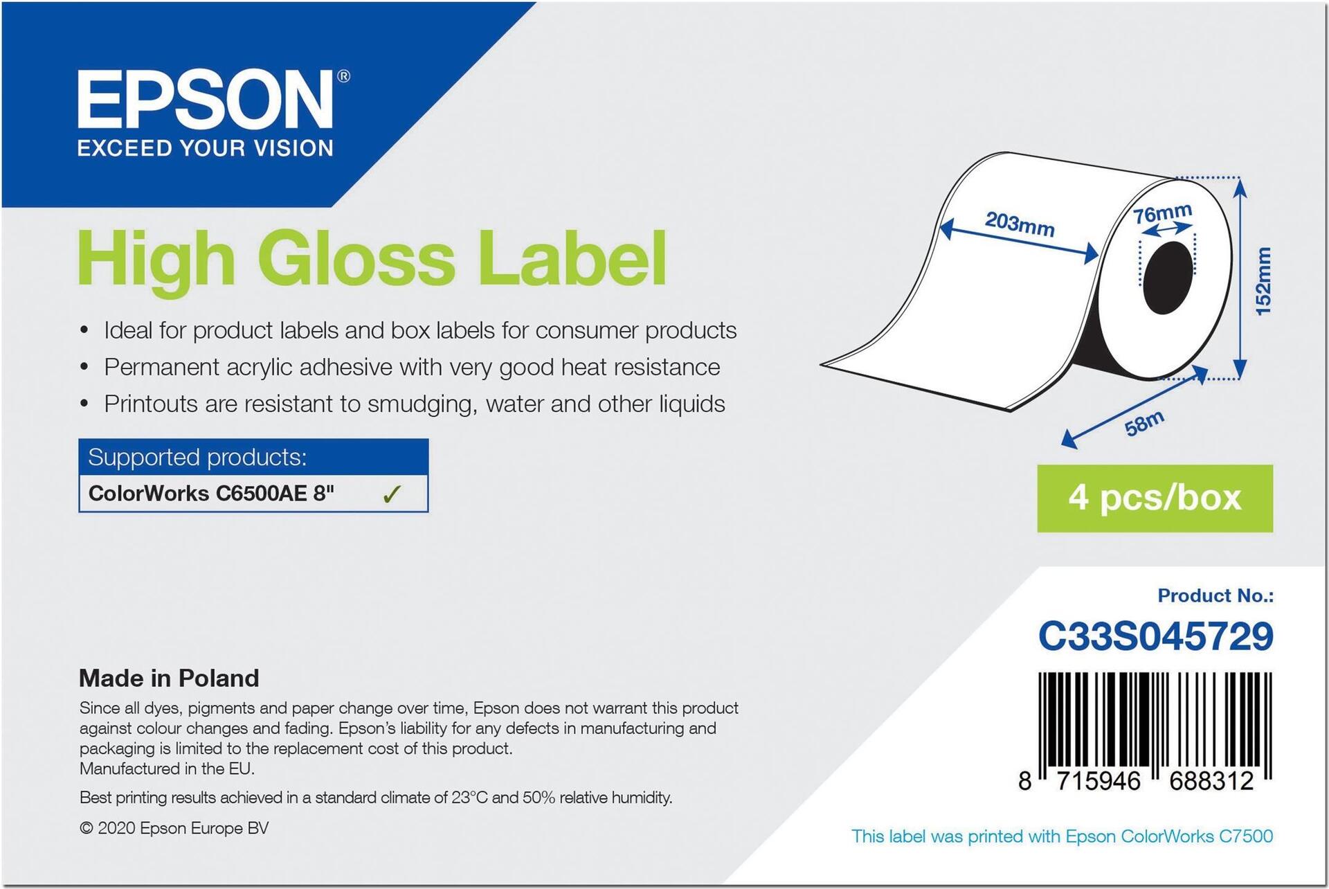 EPSON POS High Gloss Label - Continuous Roll: 203mm x 58m (C33S045729)