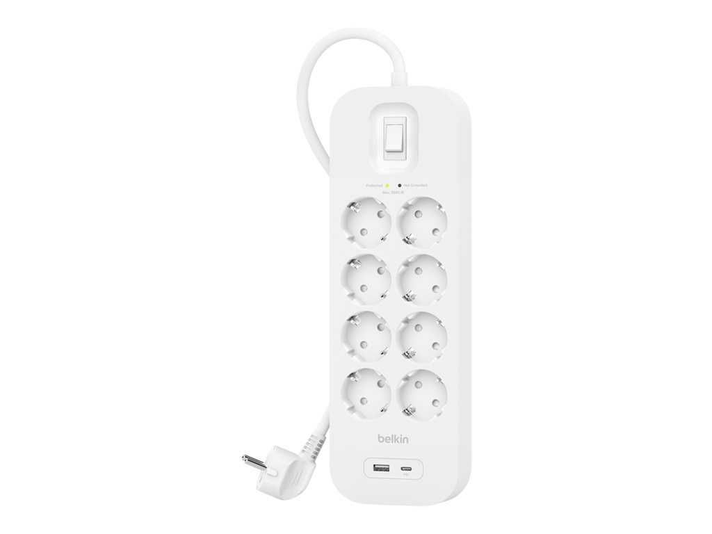 Belkin Connect Überspannungsschutz mit USB-C und USB-A, 8 Anschlüsse, 900 Joule, 2 m Schnur