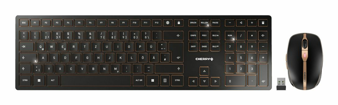 CHERRY DW 9100 SLIM Tastatur-und-Maus-Set Kabellos 2.4 GHz Bluetooth IT Schwarz, Bronze