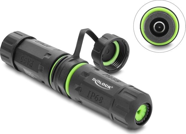 Delock Kabelverbinder DC 5,5 x 2,1 mm Buchse zu DC 5,5 x 2,1 mm Buchse mit M20 x 1,5 mm Gewinde und Verschlusskappe mit Gehäuse kompatibel mit Starlink IP68 staub- und wasserdicht (87180)