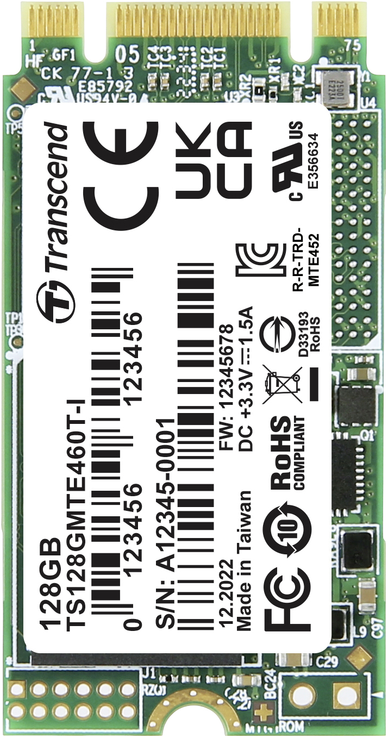 Transcend TS128GMTE460T-I SSD 128GB M.2 2242 PCIe Gen3x2 NVMe 3D TLC BiCS5 DRAM-less PE - <p>Er is geen uitgebreide omschrijving beschikbaar</p> (TS128GMTE460T-I)