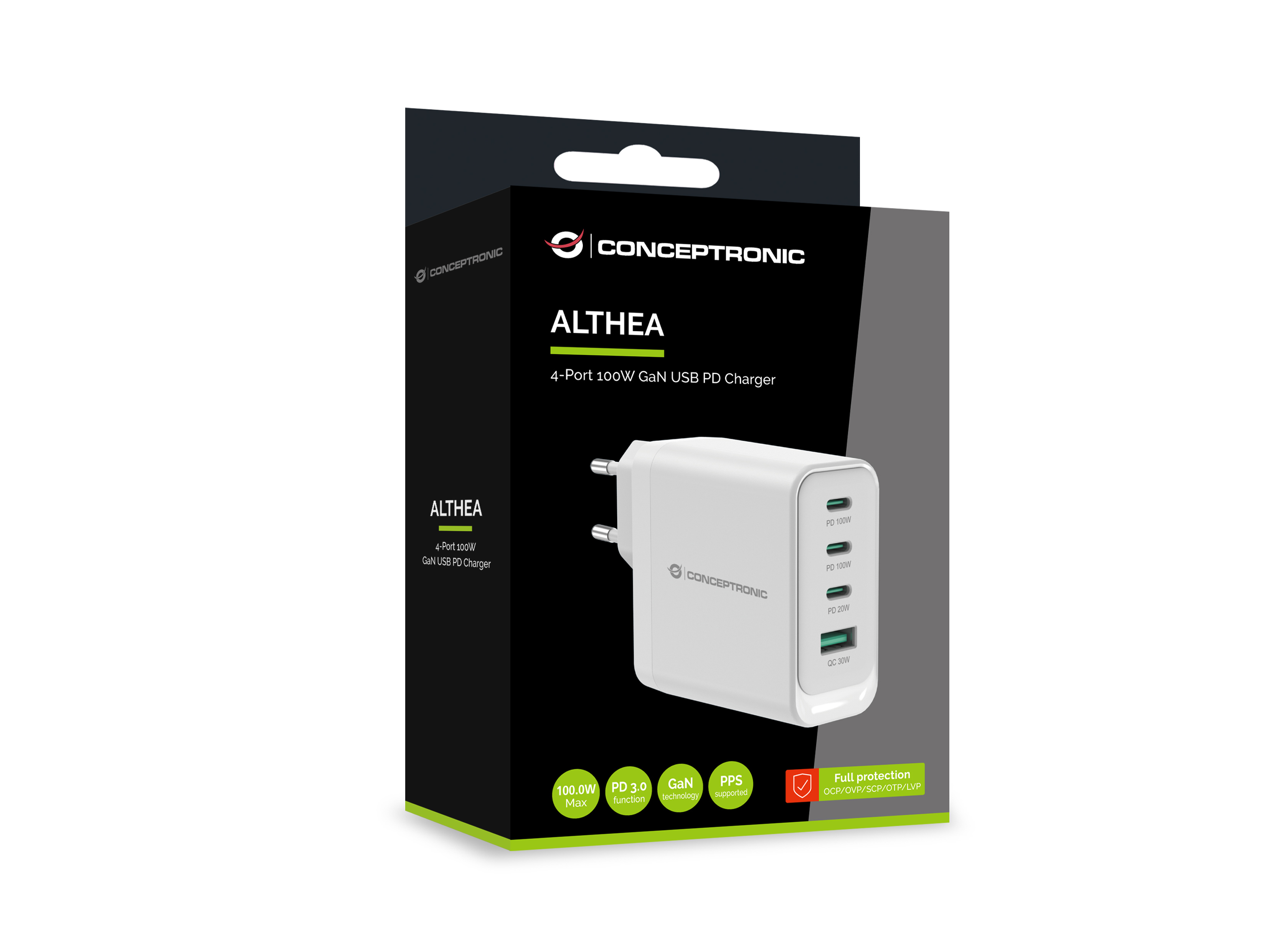 Conceptronic ALTHEA22W100 4-Port 100W GaN USB-PD Ladegerät 3x USB-C 1x USB-A Weiß