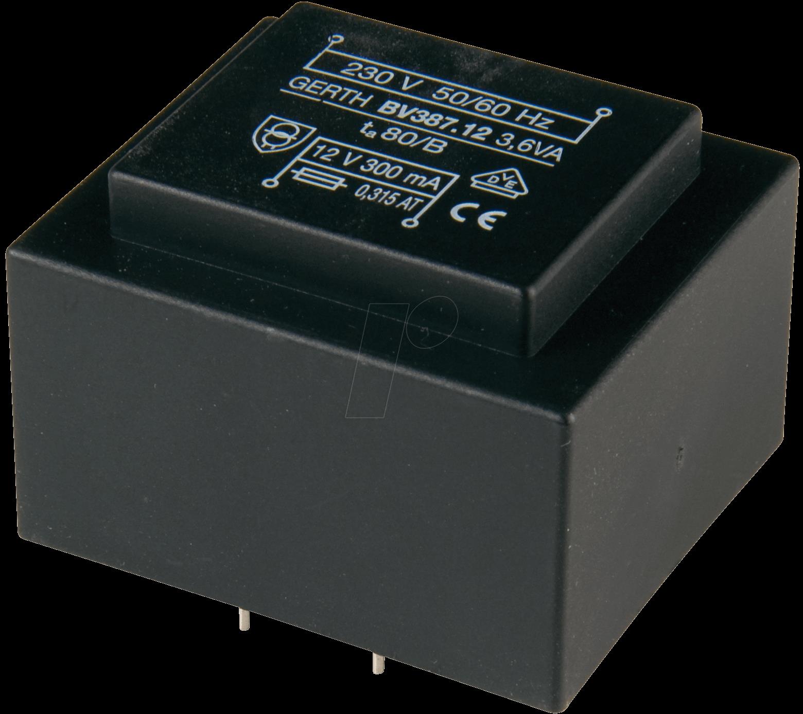 GERTH 387.15-2 - Printtrafo, 3,6 VA, 2x 7,5 V, 2x 200 mA, RM 27,5 mm (387.15.2)