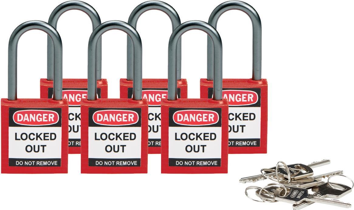 Brady, kompaktes Sicherheitsschloss Nylon, Rot, 38mm Bügelhöhe, 4,7mm Aluminium-Schließbügel (Keyed Different) (6er Pack) (814126)