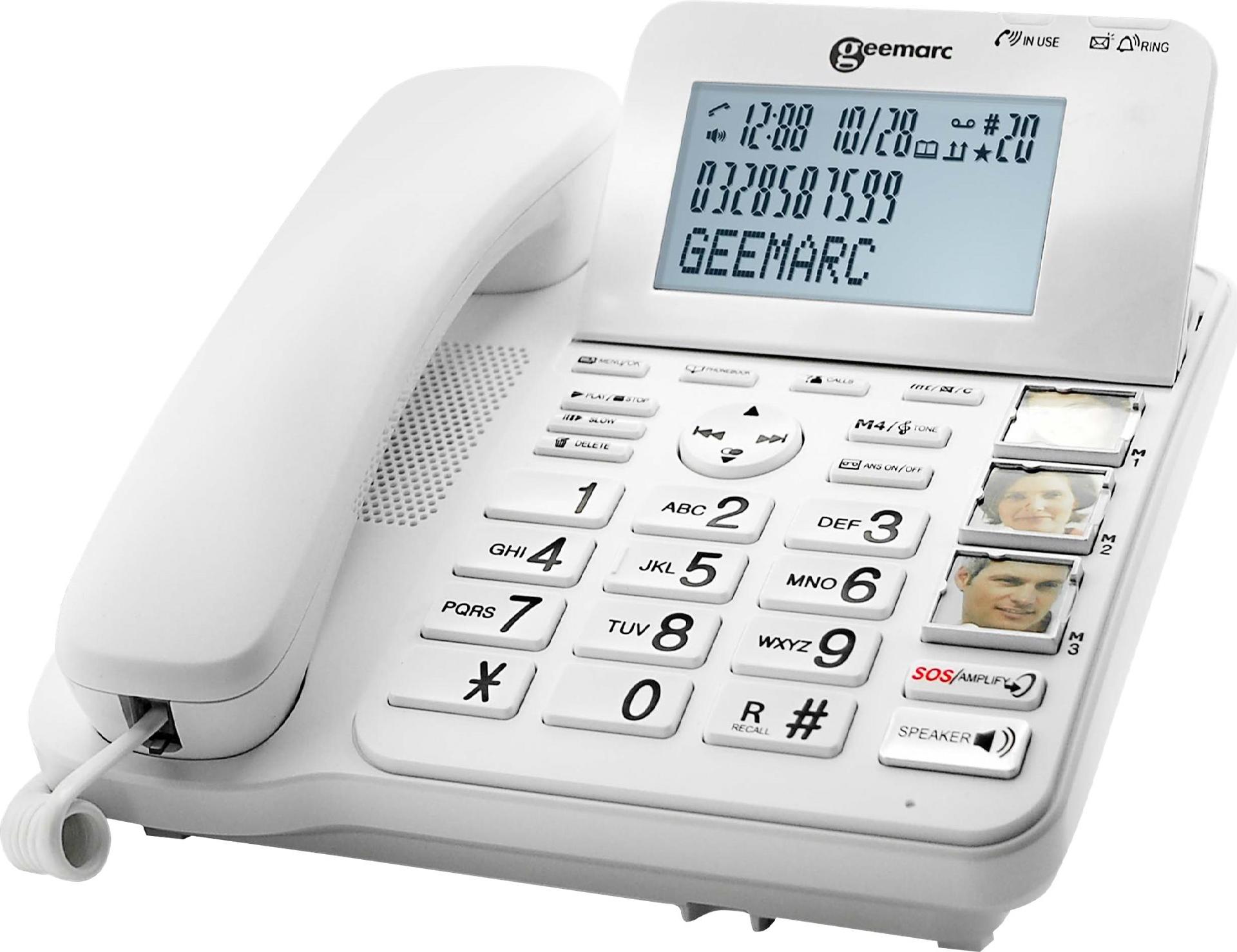 Geemarc CL595 Schnurgebundenes Seniorentelefon Anrufbeantworter, Freisprechen, Optische Anrufsignalisierung, für Hörgeräte kompatibel, inkl. Notrufsender, mit (CL595_WH_VDE)