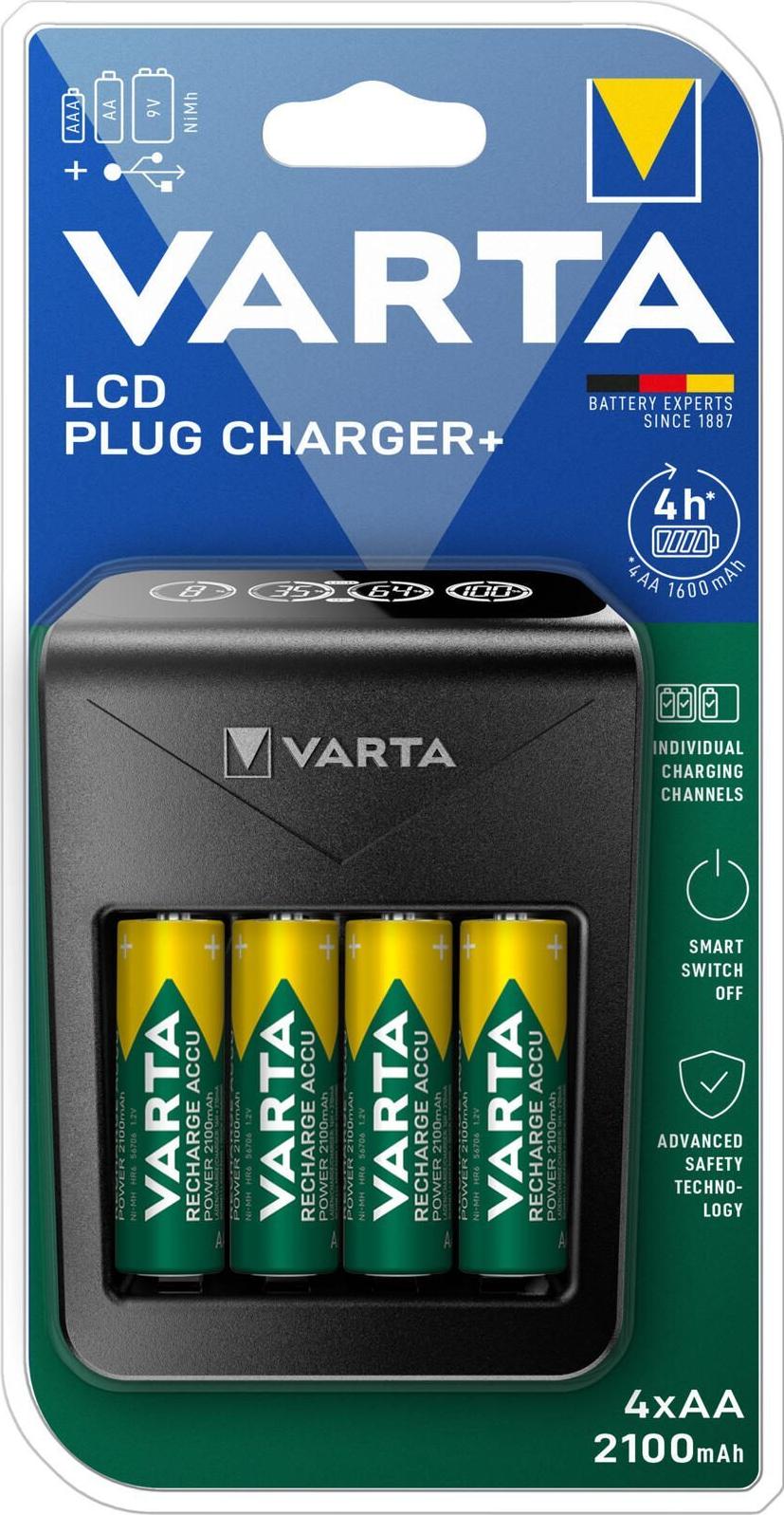 Varta LCD Plug Charger+ Batterieladegerät inkl. 4x AA 2100 mAh USB Schwarz