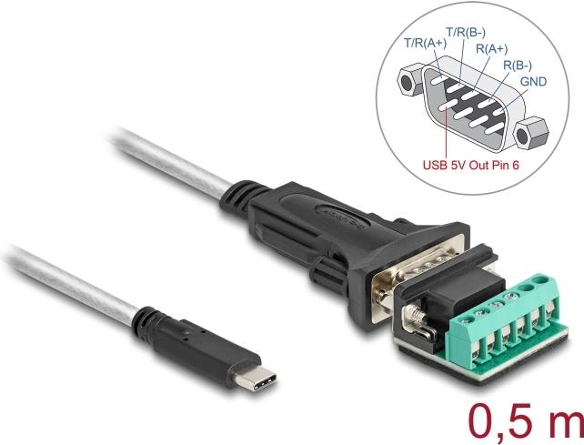 Delock Adapter USB Type-C zu 1 x Seriell RS-422/485 Stecker mit 6 Pin Terminalblock 5 V 0.5 (64266)