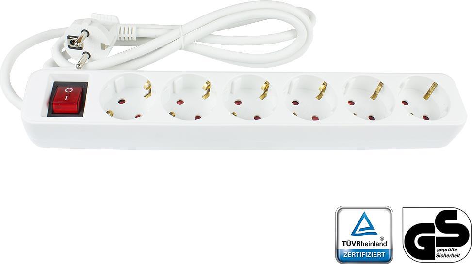 Steckdosenleiste mit Schalter, 6-fach, Schutzkontakt-Stecker an 6x Schutzkontakt-Buchse - weiß, 1,5m, Good Connections® (PS016-W015)