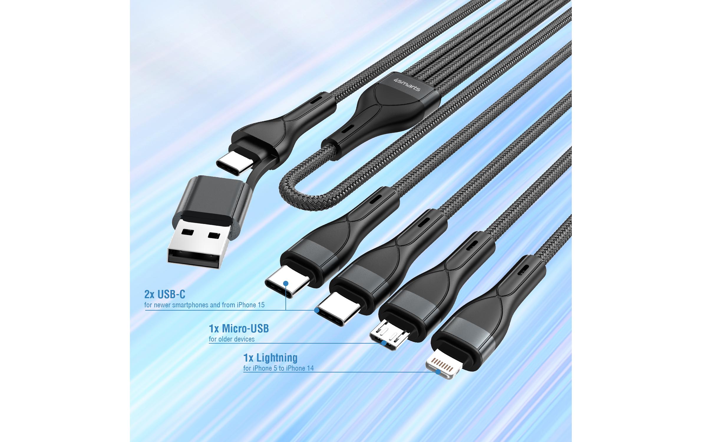 4smarts 541023 Multi-Ladekabel 4in2 USB A/USB C auf USB C/Micro USB-A/Lightning 1,2 m Schwarz
