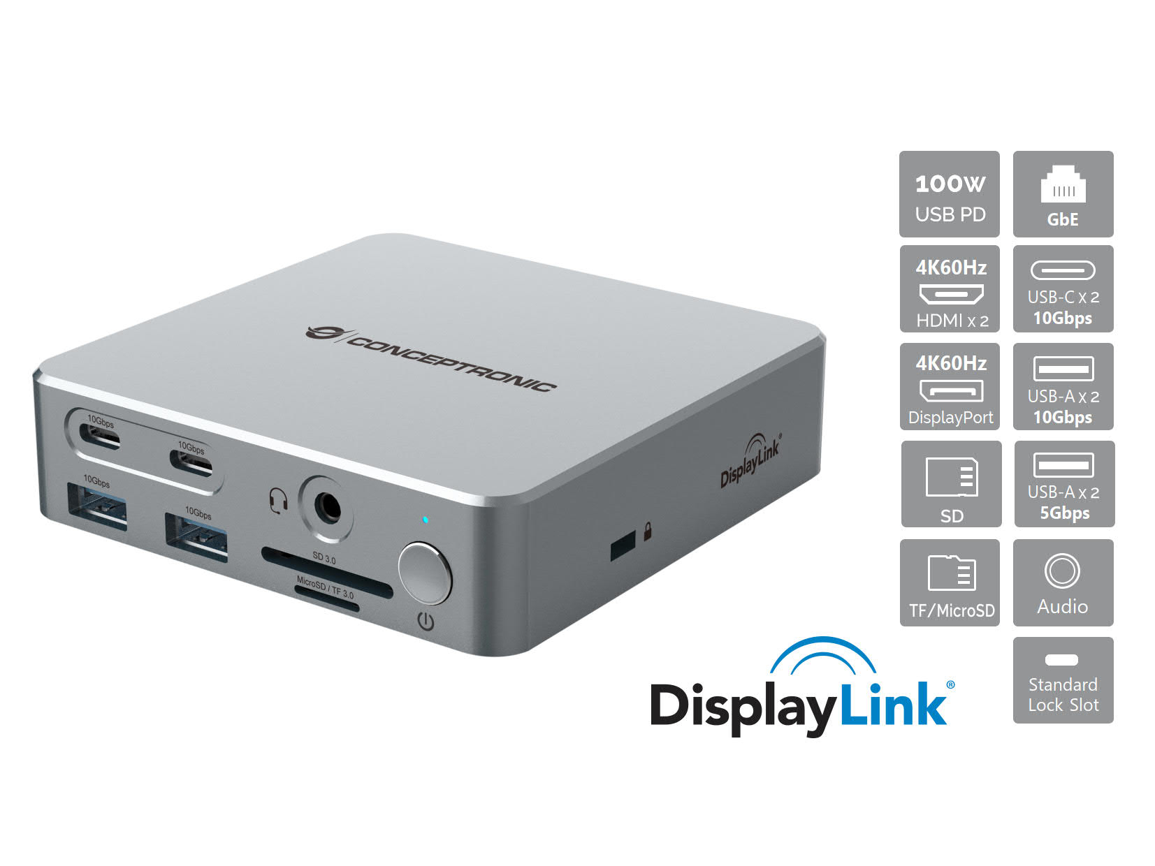Conceptronic DONN25G 15-in-1 DisplayLink USB 3.2 Gen 2 Dockingstation Silber