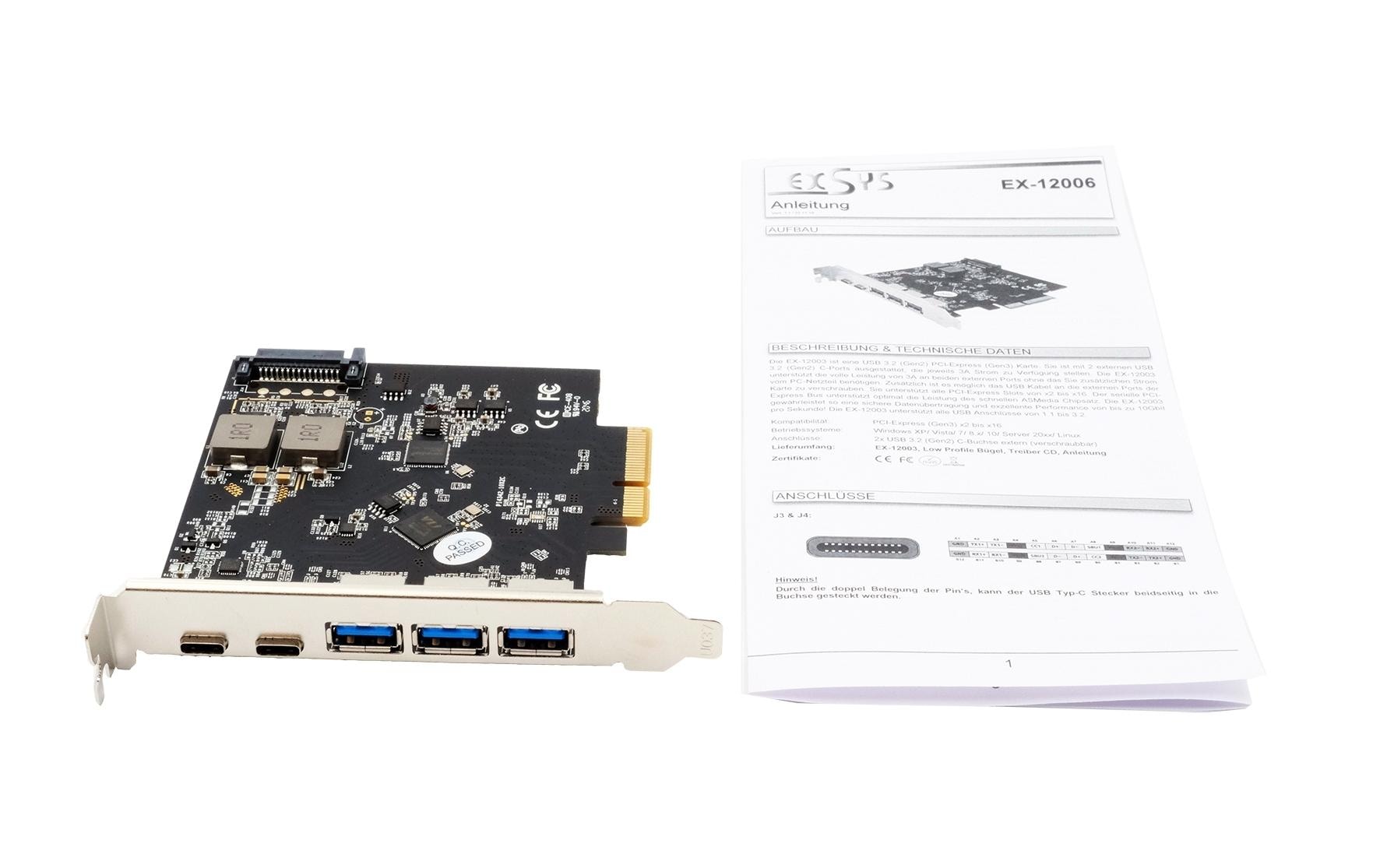 Exsys EX-12006 PCIe Schnittstellenkarte 5 Port USB 3.2 Gen 2 mit 3x USB-A und 2x USB-C