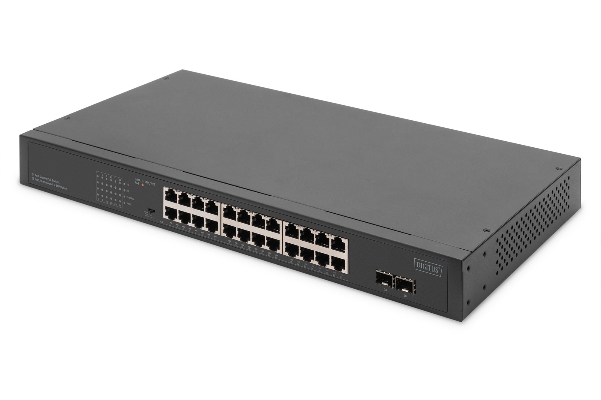 Digitus DN-95348-2 24-Port Gigabit Netzwerkswitch 19" Unmanaged PoE+ 2 SFP Uplinks Grau