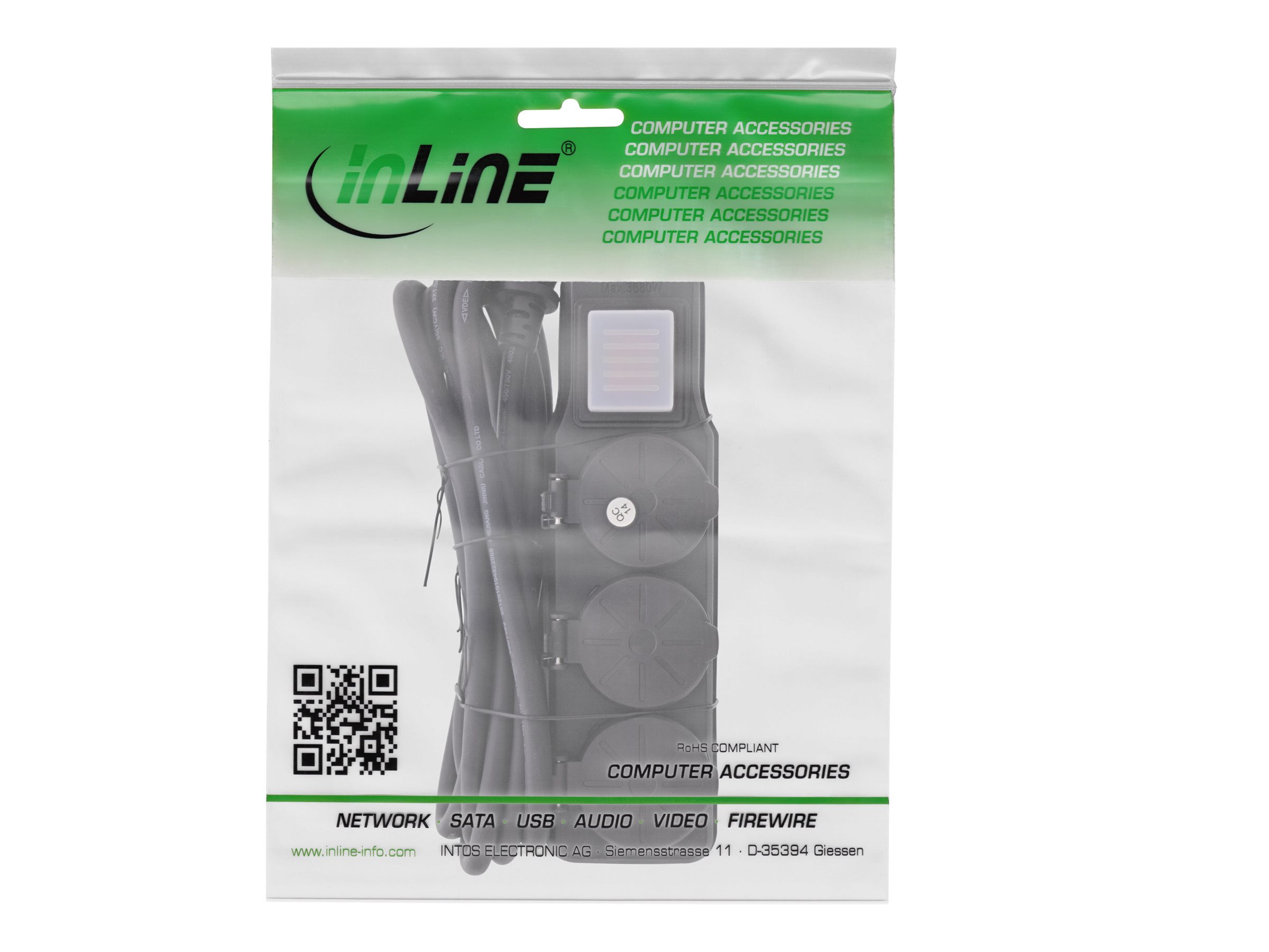 InLine 16493Q Steckdosenleiste 3-fach Schutzkontakt IP44 10m Schwarz