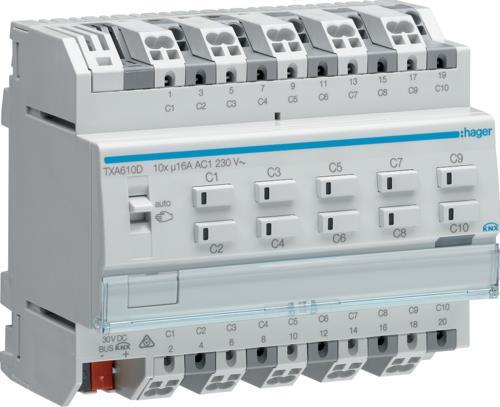 Hager TXA610D. Produkttyp: Auslöser Rollo/Jalousie, Befestigungstyp: DIN-Schienenmontage, Anzahl Kanäle: 10 Kanäle. Eingangsspannung: 230 V, Eingangsfrequenz: 50/60 Hz, Stromstärke: 16 A (TXA610D)