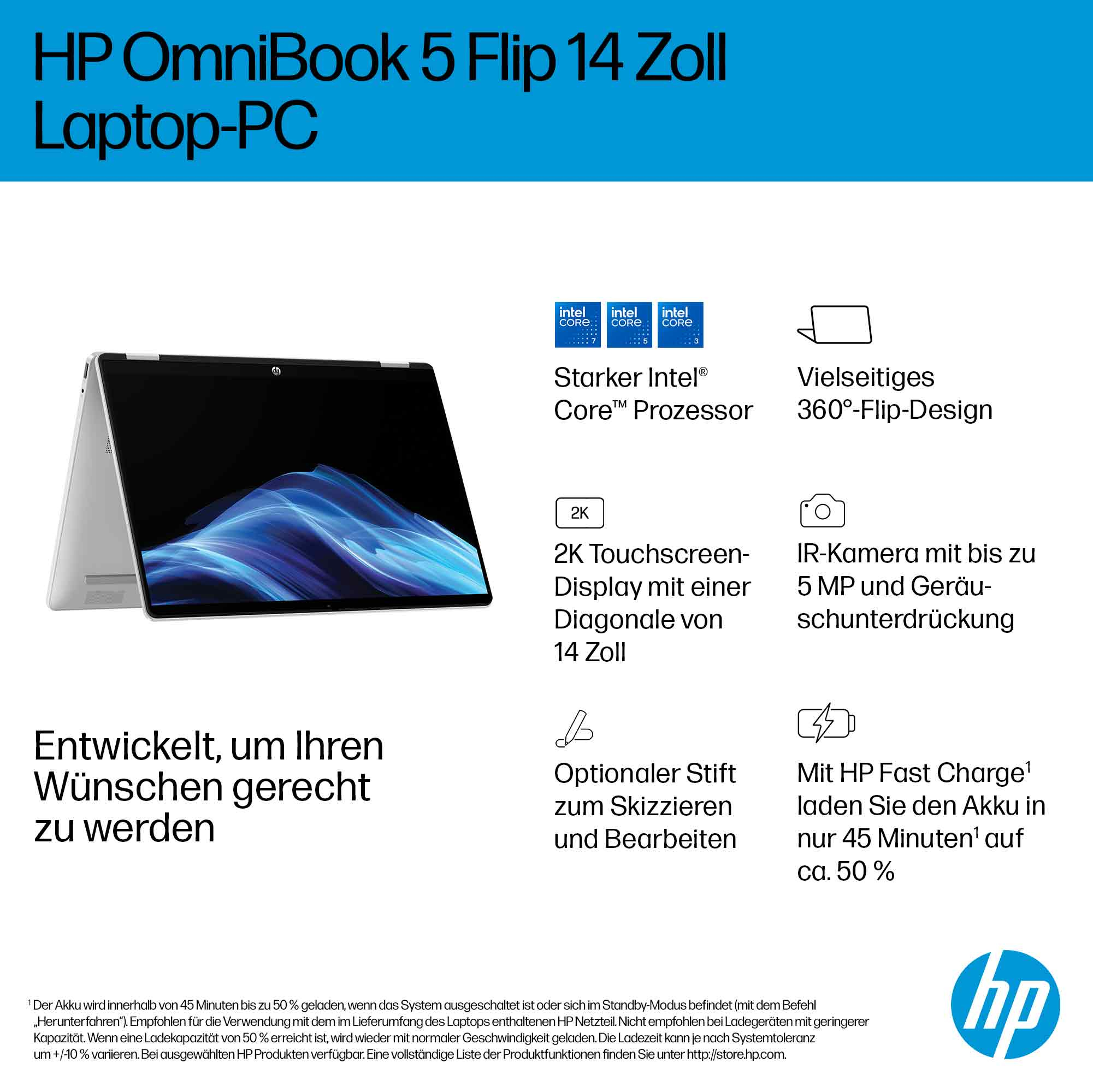 HP OmniBook 5 Flip 14-fp0152ng 14" 2K Touch Intel Core 5 120U 16 GB RAM 512 GB SSD Silber