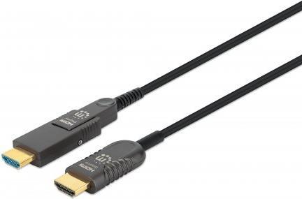 MANHATTAN Aktives optisches High Speed HDMI-Glasfaserkabel mit abnehmbarem Stecker 4K@60Hz UHD, HDMI-Stecker auf Micro-HDMI-Stecker (Typ D) und abnehmbarer HDMI-Stecker (Typ A), 100 m, HEC, ARC, vergoldete Kontakte, schwarz (355551)