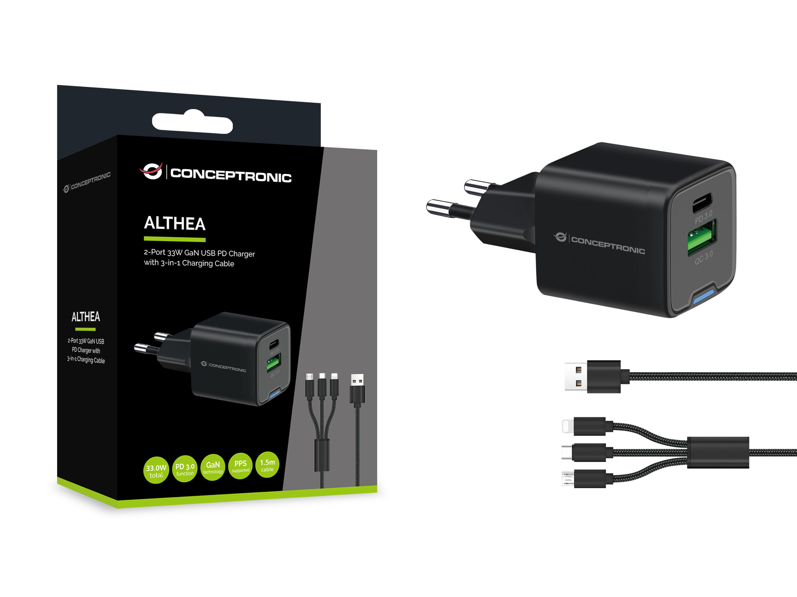 Conceptronic ALTHEA16B 33W Ladegerät 1x USB-C 1x USB-A Schwarz