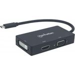 MANHATTAN USB-C 3-in-1 Multiport A/V-Konverter USB Typ C-Stecker auf DVI-, HDMI- oder VGA-Buchse, 4K@30Hz auf HDMI-Port, 1080p auf VGA- und DVI-Ports, schwarz (152983)