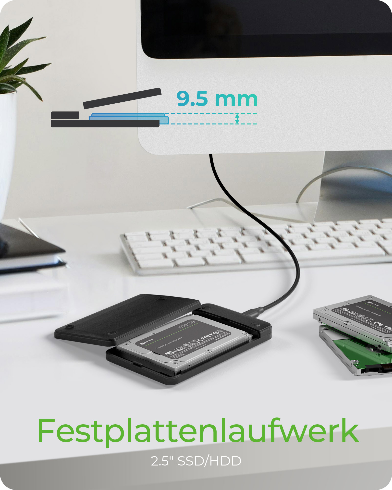 ICY BOX IB-201T-CU31 SSD-Gehäuse 2,5" SATA USB-C 3.2 Gen 2 Werkzeuglos Schwarz