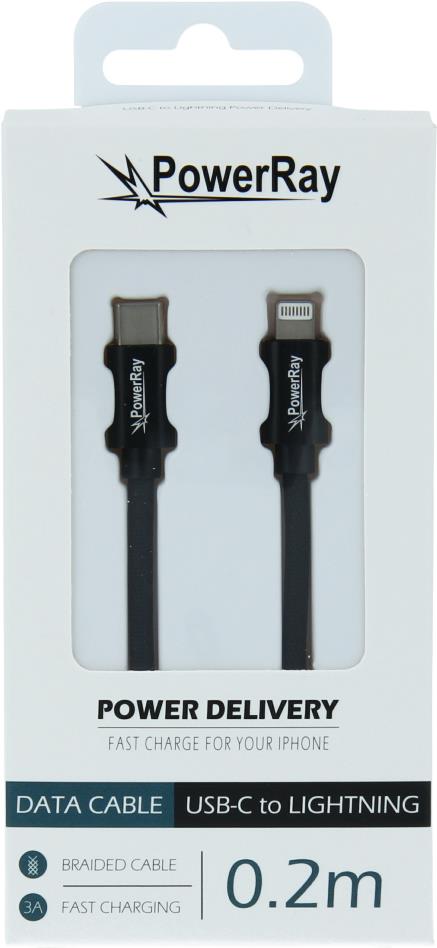 PowerRay Data Cable PR-DCCL020TBK, USB-C / LIGHTNING, 0.2m Textile black, Blister (PR-DCCL020TBK)