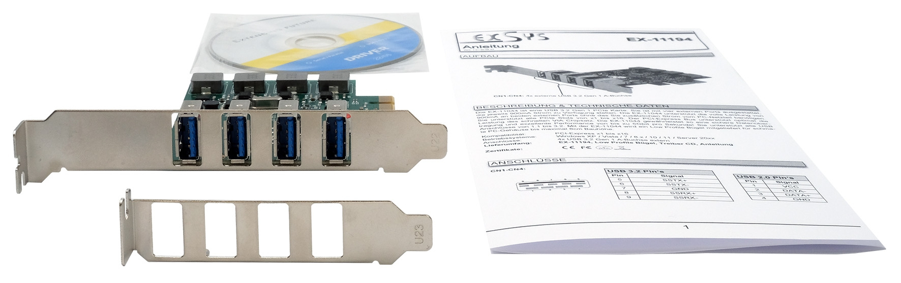 Exsys EX-11194 USB 3.2 Gen 1 PCIe Karte, 4 Ports, Renesas