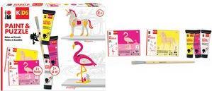 Marabu KiDS Paint & Puzzle Set Little Artist, Flamingo Inhalt: 3x Bastelfarbe, 1x Pinsel und 2x 3D Puzzle Einhorn - 1 Stück (0305000000111)