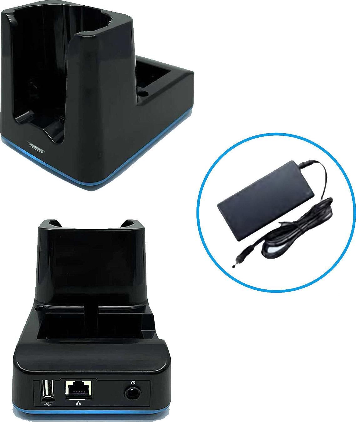 UNITECH HT730 Single Slot Charging Ethernet cradle with USB host including power adapter (1010-900043G) for charging the device and one spare battery. Not included but optional accessory: 3 Pins Power Cord EU (SKU: 1550-602333G) or UK (SKU: 1550-602689G) (5000-900087G)