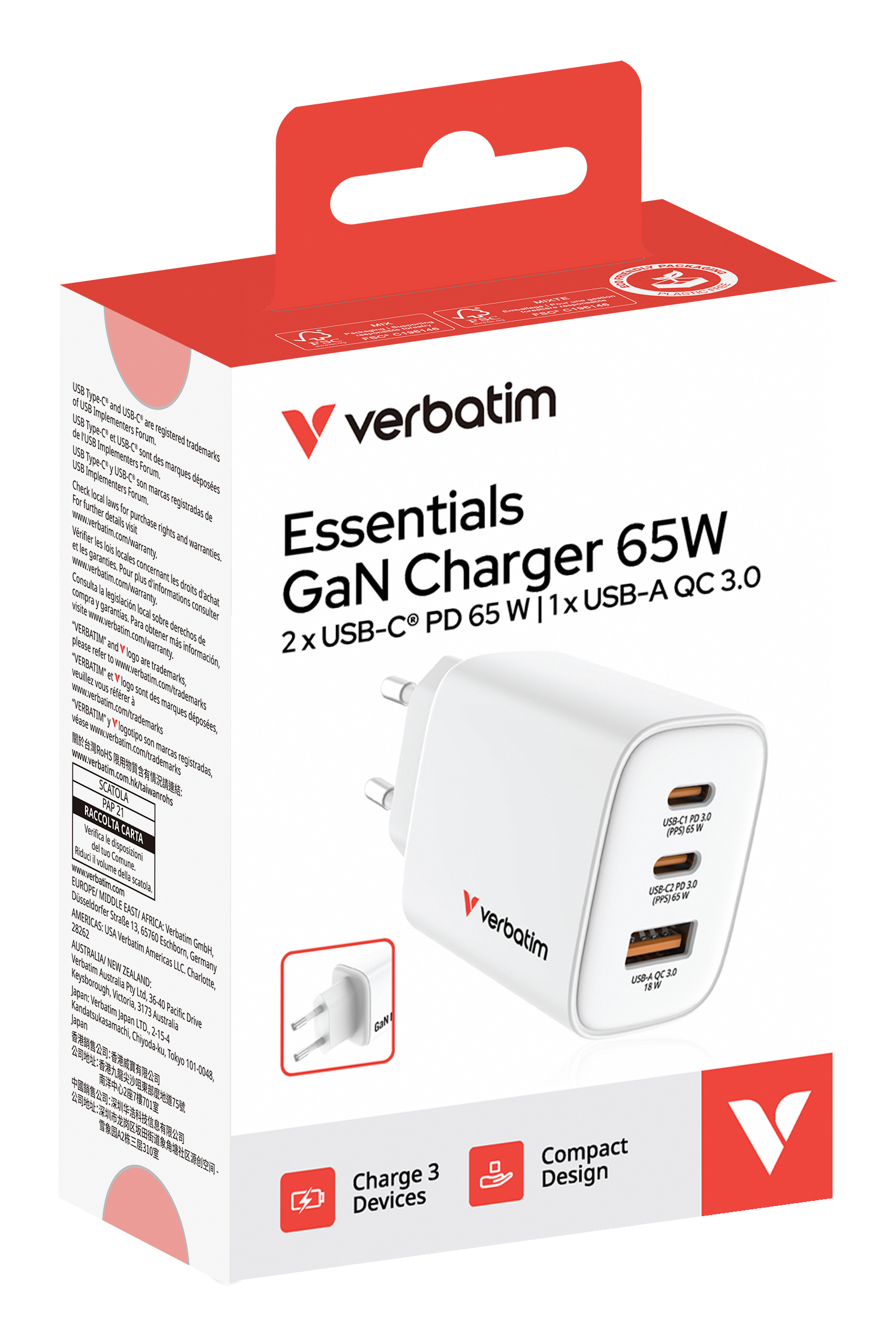 Verbatim Essentials GaN III 65W 3-Port USB-A/C Ladegerät Weiß