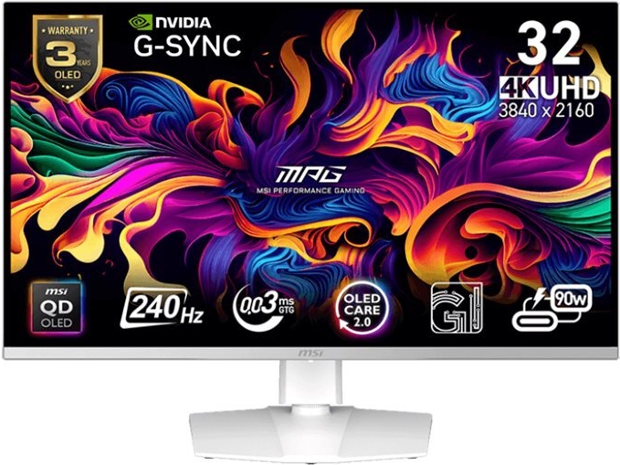 MSI MPG 321URXWDE QD-OLED, Gaming-Monitor - (80 cm (31.5 Zoll) UltraHD/4K, QD-OLED, Adaptive-Sync, USB-C, 240Hz Panel) white [Energieklasse G] (9S6-3DD29A-023)